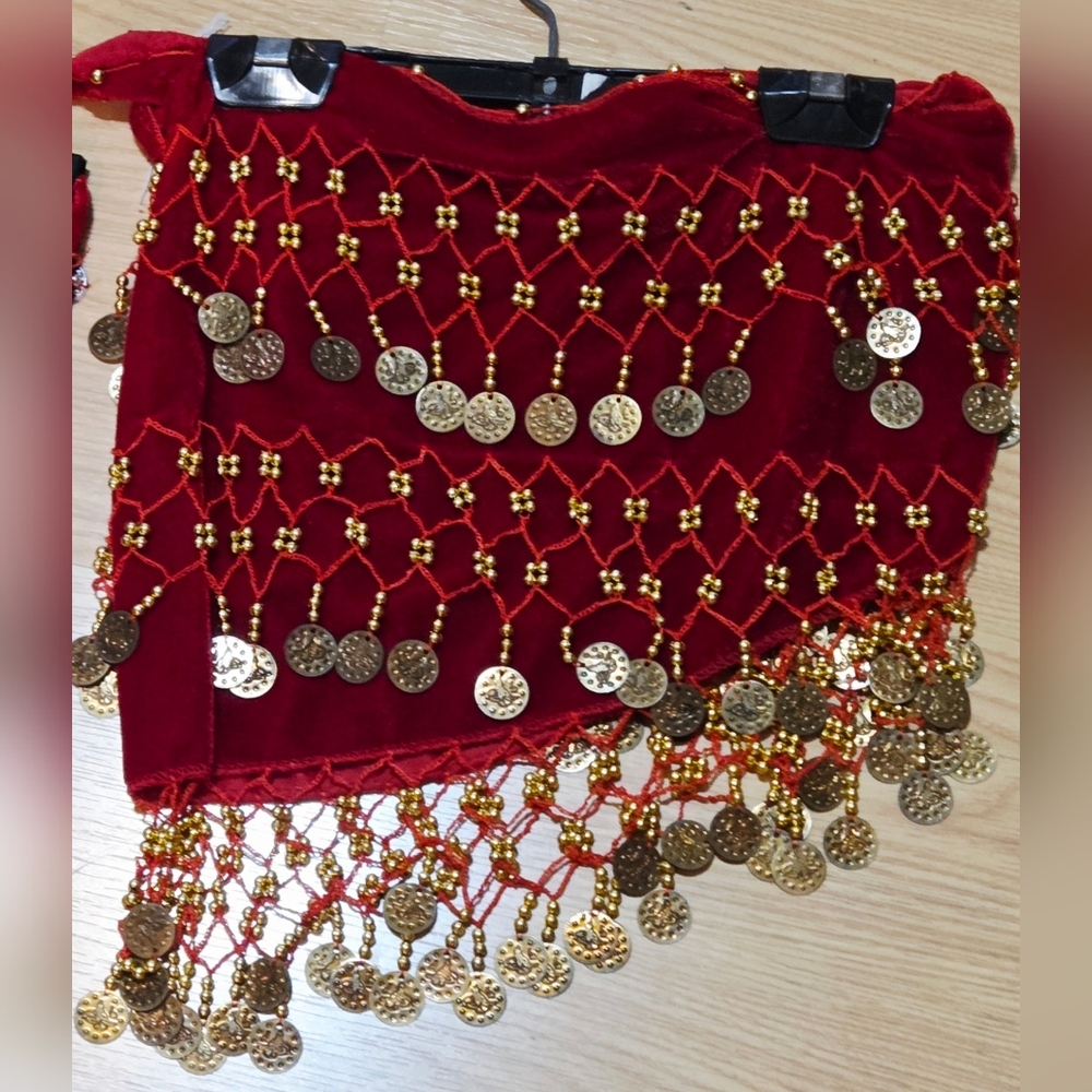 Renaissance Belly Dance Hip Scarf Burgundy Velvet w Gold Coins ~New~ Firm Price